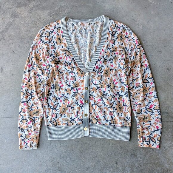 Tory Burch Floral Stripe Contrast Print V-Neck Button Front Cardigan medium - Picture 1 of 8